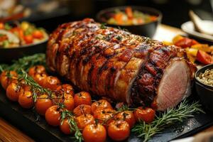 Sizzling pork loin roast garnished with roasted tomatoes and rosemary on a festive table photo