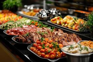 Delicious roast beef and various dishes displayed on buffet table photo