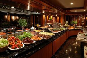 Large selection of food displayed on buffet table at restaurant photo