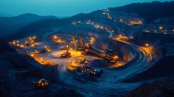 Illuminated Nighttime Mining Operation in Mountainous Terrain photo