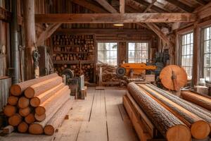 Sawmill workshop with wooden logs and cutting machine ready for processing photo