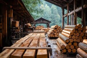 Sawmill processing freshly cut logs into lumber in a rustic workshop photo