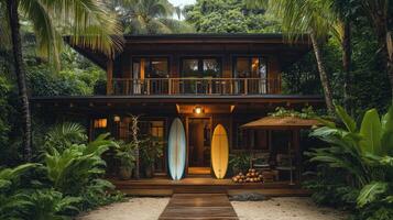 Wooden tropical surf house surrounded by lush vegetation and palm trees photo