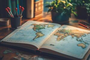 Exploring world geography with open atlas photo