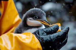 Scientist feeding baby penguin with medicine during rescue mission photo