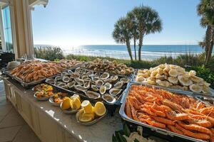 Delicious seafood buffet displaying shrimp, oysters, and lemon by ocean photo
