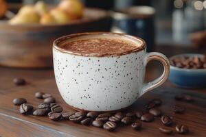 Aromatic coffee sprinkled with cocoa in rustic mug on wooden table photo