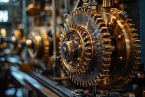 Close up view of interlocking gears rotating in complex machinery photo