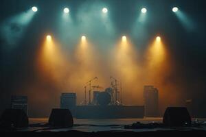 Drum set and amplifiers waiting for the band on a foggy stage illuminated by spotlights photo