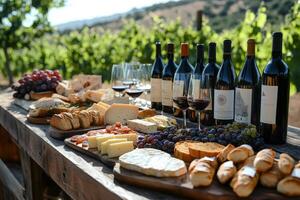 Wine tasting event featuring cheese, bread, and grapes in vineyard setting photo