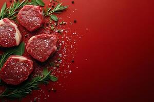 Raw beef steaks with herbs and spices on red background photo