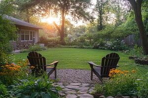 Sun setting on lush green backyard garden with adirondack chairs photo