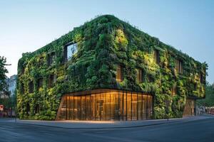 Modern green building covered in plants at dusk showing sustainable architecture photo