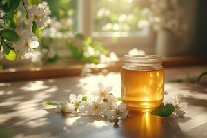 Honey jar illuminated by sunlight with spring flowers on wooden table photo