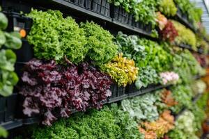 Vertical farm displaying various leafy greens growing under controlled conditions photo