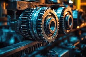 Close up of industrial gears rotating in a factory setting photo