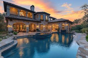 Luxurious stone mansion with illuminated pool at sunset photo