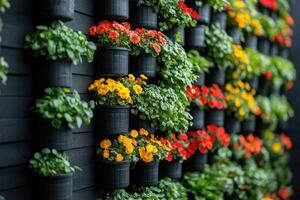 Colorful flowers and lush greenery growing in wall mounted pots creating a vertical garden photo