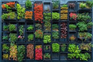 Vertical garden showing colorful plants growing in modular containers. photo