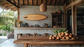 Surfboard decorating rustic tropical bar with coconuts on table photo