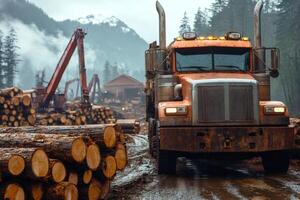 Logging truck leaving lumber mill with freshly cut logs photo