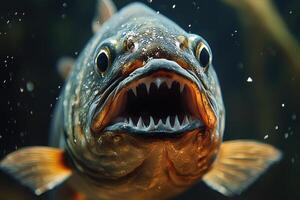 Aggressive fish opening mouth showing sharp teeth underwater photo