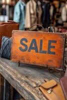 Orange wooden sale sign displayed on rustic table in fashion store photo