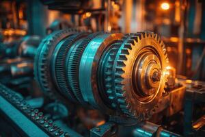 Close up of industrial gears rotating in a factory setting. photo
