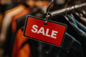 Red sale sign hanging in a clothing store displaying discounts photo