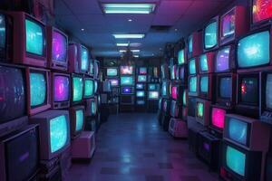 Retro tvs showing static noise creating a vintage, futuristic atmosphere in dark room photo