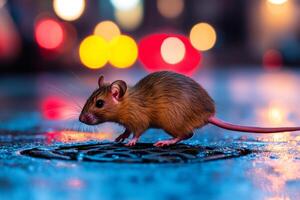 Brown rat walking on wet pavement at night with city lights blurred in background photo