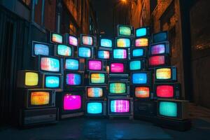 Stack of vintage televisions displaying colorful static noise in dark alley at night photo
