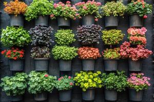 Vertical garden showing colorful flowers and plants growing in pots on black wall photo