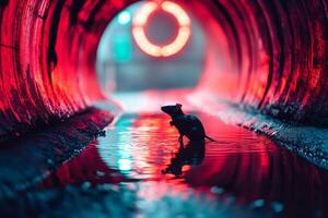 Black rat standing in water inside red illuminated tunnel photo