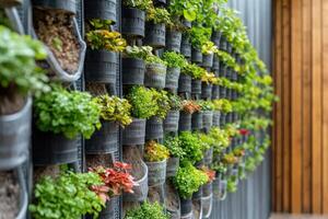 Vertical garden displaying lush greenery and vibrant flowers on building wall photo