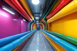 Colorful pipes creating a tunnel in modern building photo