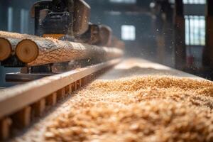 Woodworking machine processing logs in a sawmill creating sawdust photo