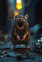 Aggressive rat showing teeth and claws in urban environment photo