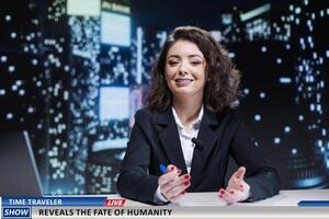 Presenter talks about fate of humanity revealed by time traveler, peculiar encounter discussed live on television program. Woman news anchor hosting night show, presenting secrets of the future. photo