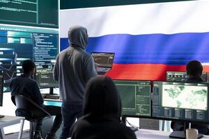 Propagandist person in a Russian cybersecurity center with the national flag works on installing fear and anxiety among the population by manipulation and brainwashing, cyber conflicts. photo