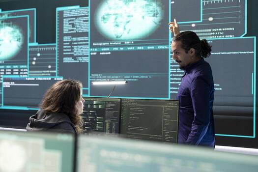 ciber operaciones centrar con gubernamental hackers trabajando en digital seguridad ocupaciones durante híbrido guerra. especialistas equipo asegurando seguridad y malware detección, ciber vigilancia. foto