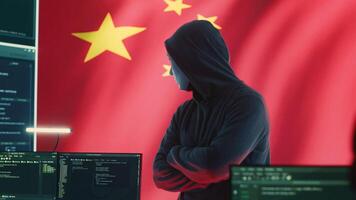 Chinese cyber forces hacking computer systems in a governmental agency, fake news and brainwashing for the communism ideology. Anonymous cyberterrorism and malicious activities. Camera A. photo