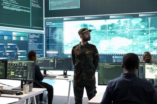 Government military hackers engaged in hybrid warfare strategies. Using sophisticated software and technology to secure information, prevent breaches and protect military operations. photo