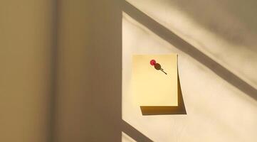 Yellow Sticky Note on Beige Wall with Pushpin and Shadow photo