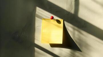 Yellow Notepad on Textured Wall with Pushpin and Shadows photo
