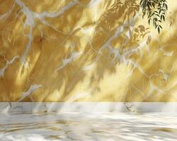 Yellow Marble Wall with White Veining and Floor, Leaf Shadows photo