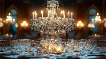 A fancy dinner table with a chandelier and lots of glasses photo