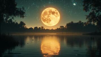 A full moon is seen over a lake at night photo