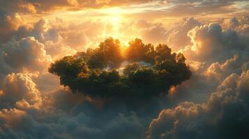 A small island surrounded by clouds at sunset photo