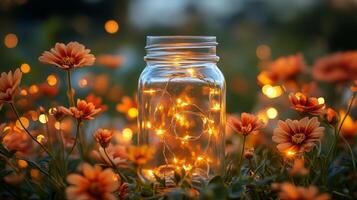 A jar with lights in it on a field of flowers photo